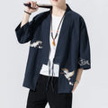 Buddha Stones Embroidery Open Front Jacket Cotton Linen Men's Three Quarter Sleeve Kimono
