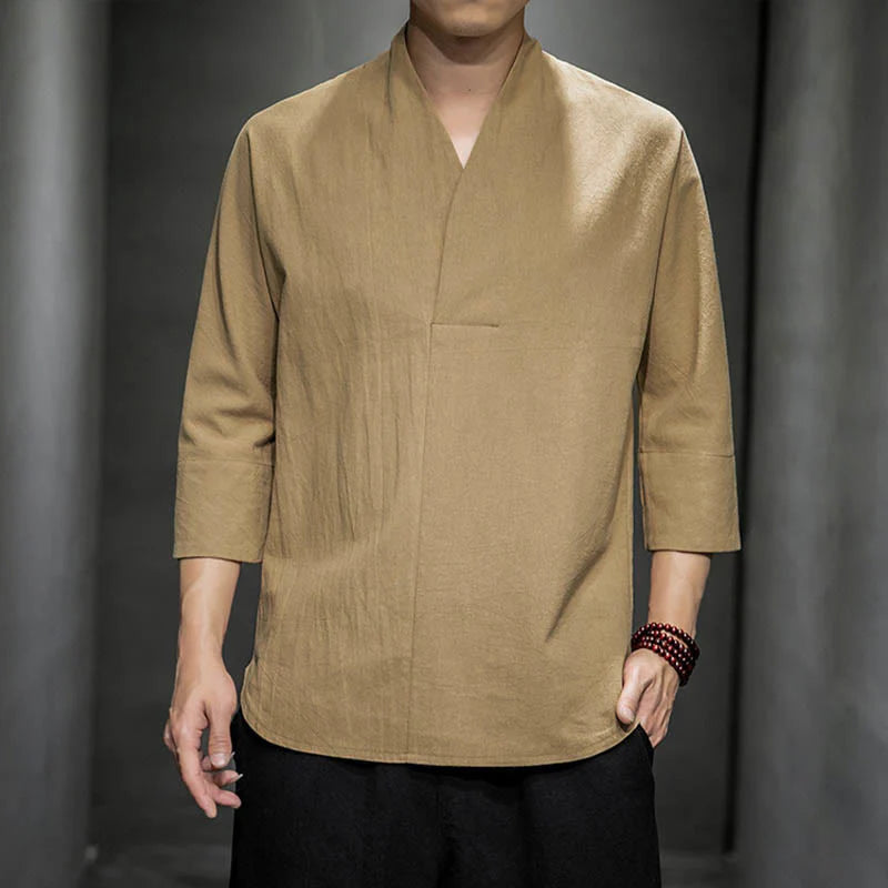Buddha Stones Casual V-Neck Three Quarter Sleeve Shirt Men Clothing