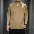 Buddha Stones Casual V-Neck Three Quarter Sleeve Shirt Men Clothing