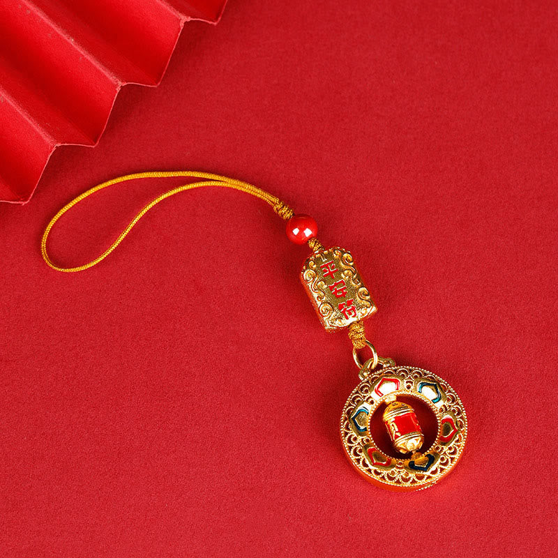 Buddha Stones Copper Prayer Wheel Five Directions Gods Of Wealth Balance Rotatable Key Chain
