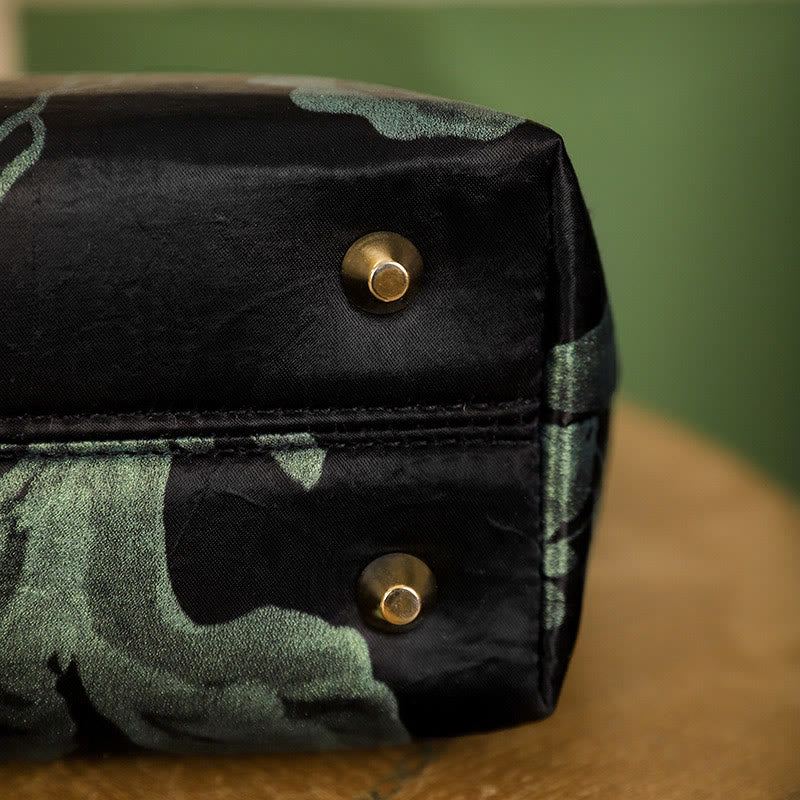 Buddha Stones Black Green Orchids Print Vintage Handbag