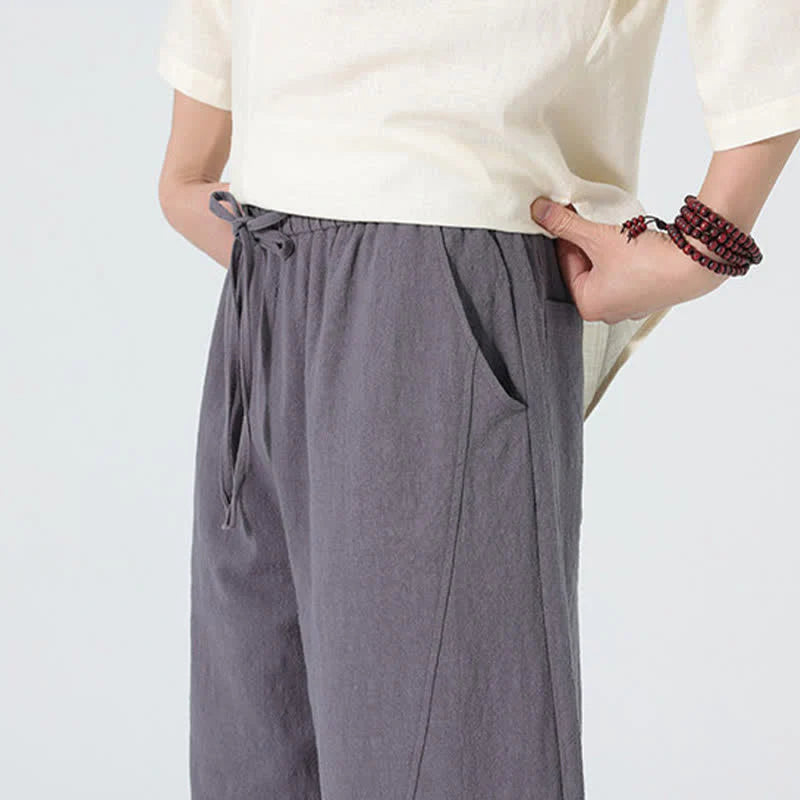 Buddha Stones Spring Pure Color Men's Cotton Drawstring Pants With Pockets