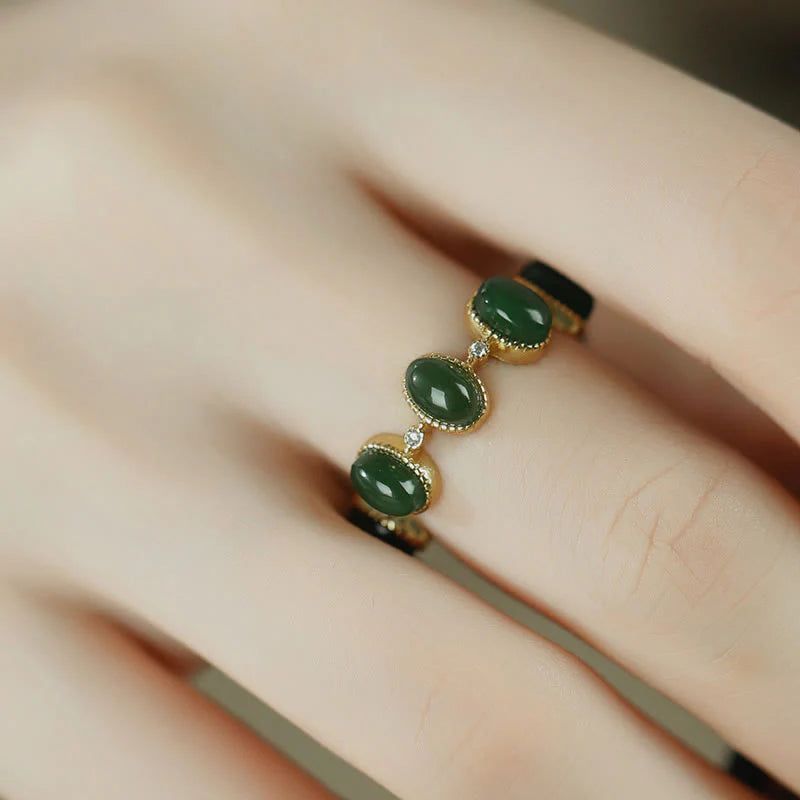 Buddha Stones 925 Sterling Silver Hetian Cyan Jade Beads Healing Adjustable Ring