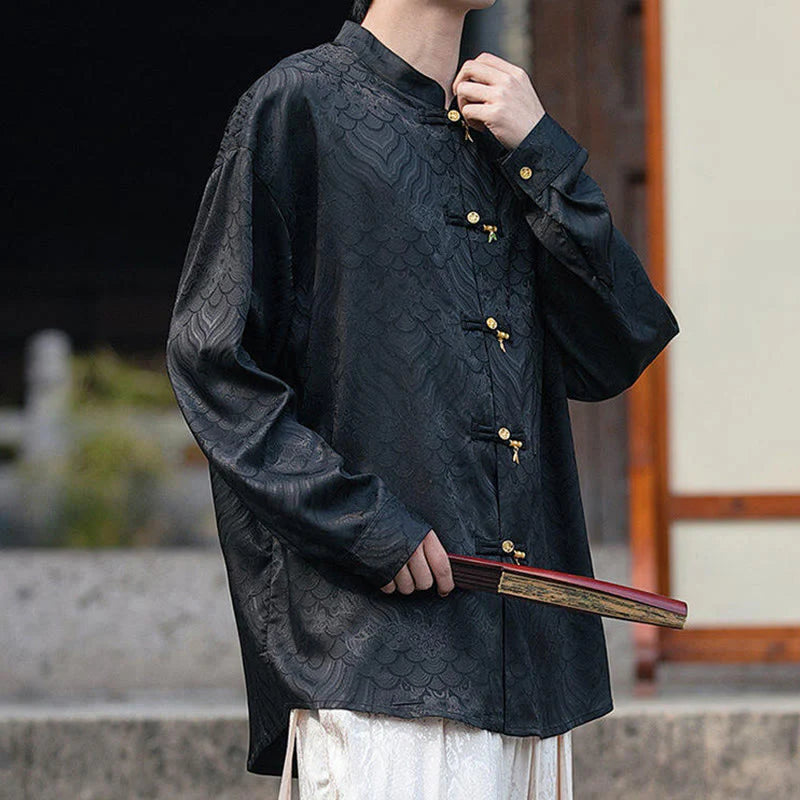 Buddha Stones Chinese Frog-Button Bamboo Shape Design Stand Collar Men's Long Sleeve Shirt