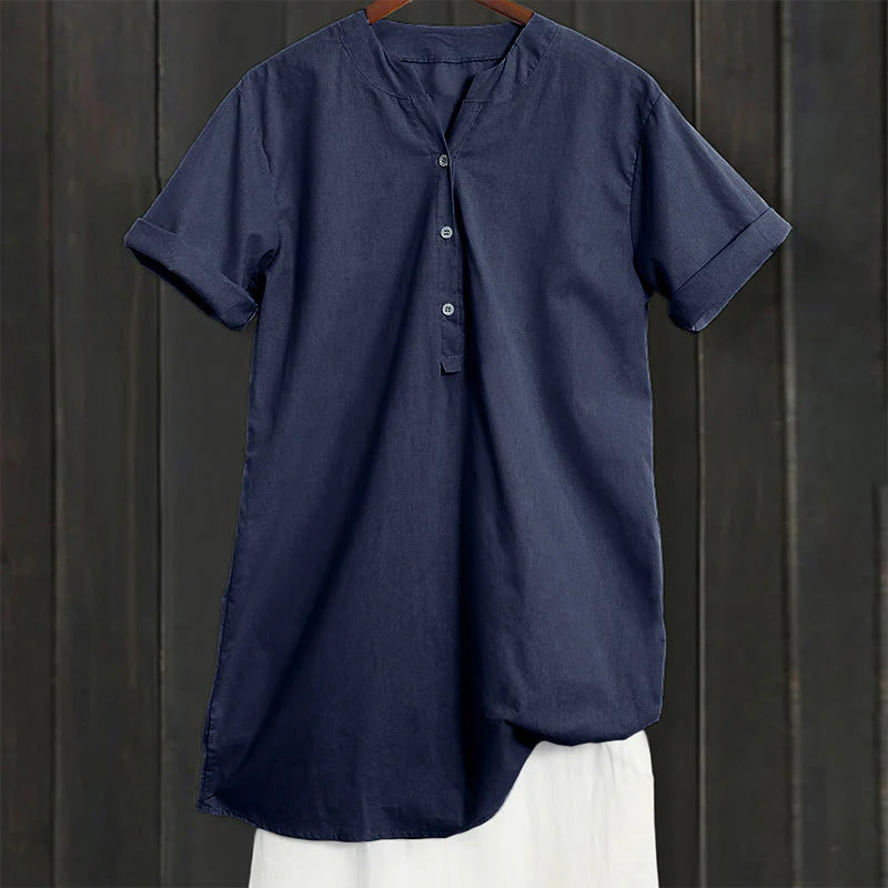 Buddha Stones Casual Plain Button Notched Collar Women's Short Sleeve Shirt