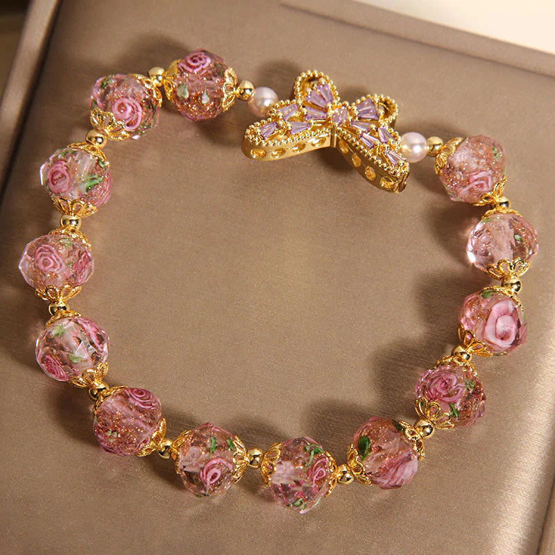Buddha Stones Natural Butterfly Rose Design Pink Crystal Warmth Bracelet