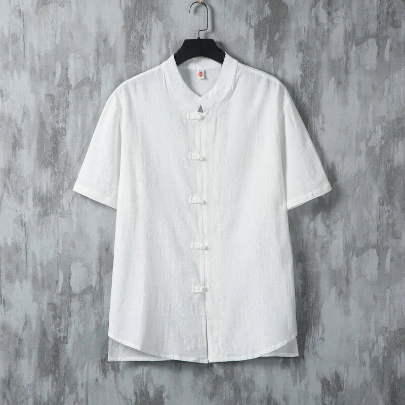Buddha Stones Summer Plain Tang Suit Frog-Button Design Men's Short Sleeve Cotton Shirt