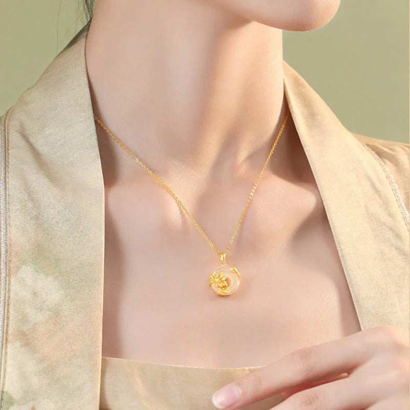 Buddha Stones Natural White Chalcedony Peace Buckle Lotus Pendant S925 Sterling Silver Necklace