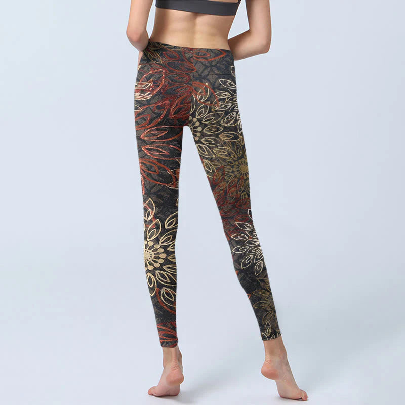 Buddha Stones Symmetrical Retro Flower Pattern Print Gym Leggings Women's Yoga Pants