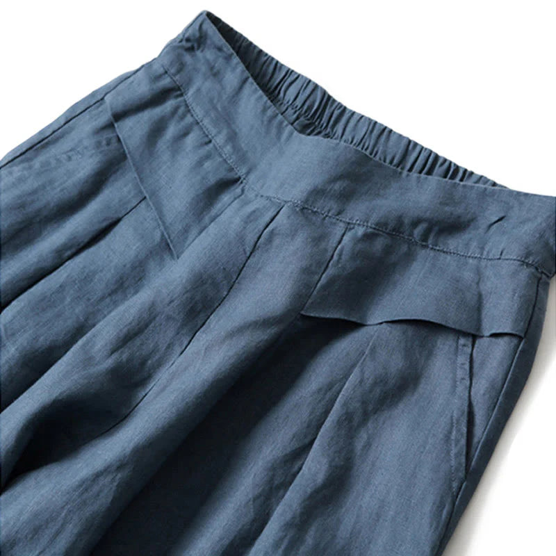 Buddha Stones Plain Color Cotton Linen High Waist Wide Leg Pants With Pockets