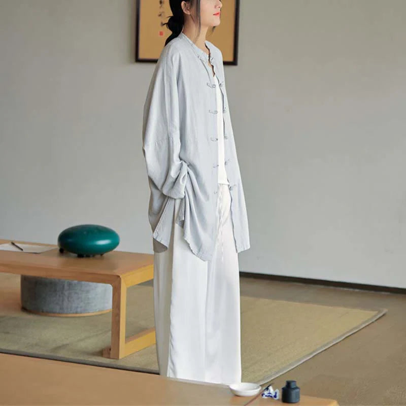 Buddha Stones Plain Frog-Button Design Shirt Zen Tai Chi Meditation Top Clothing Cotton Linen Jacket