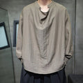 Buddha Stones Spring Solid Color Pleated Stand Collar Design Tang Suit Men's Long Sleeve Linen Shirt