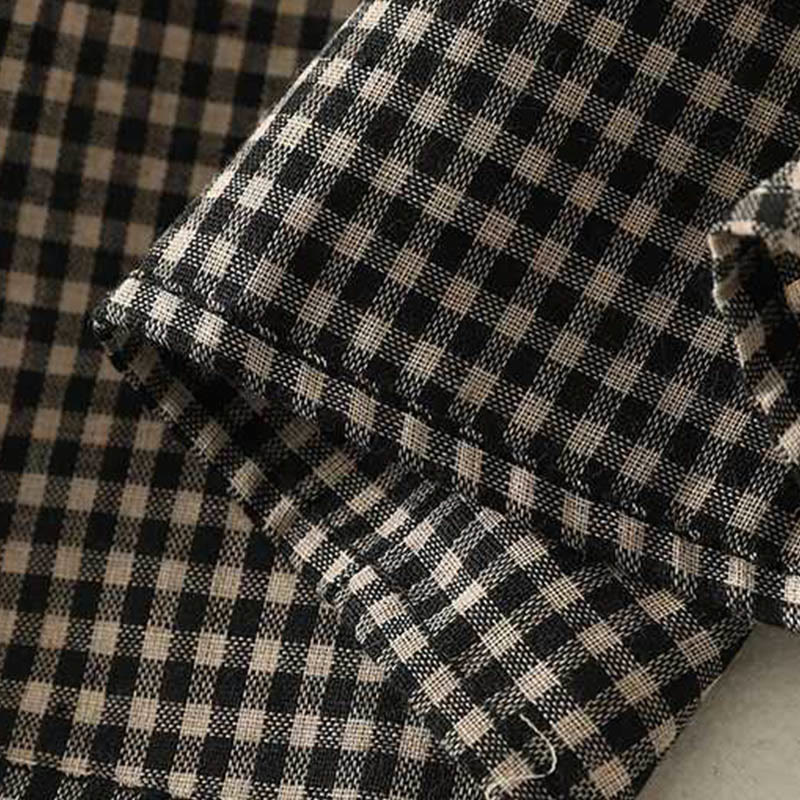 Buddha Stones Fall Black White Plaid High Neck Lace-up Design Long Sleeve Midi Dress With Pockets