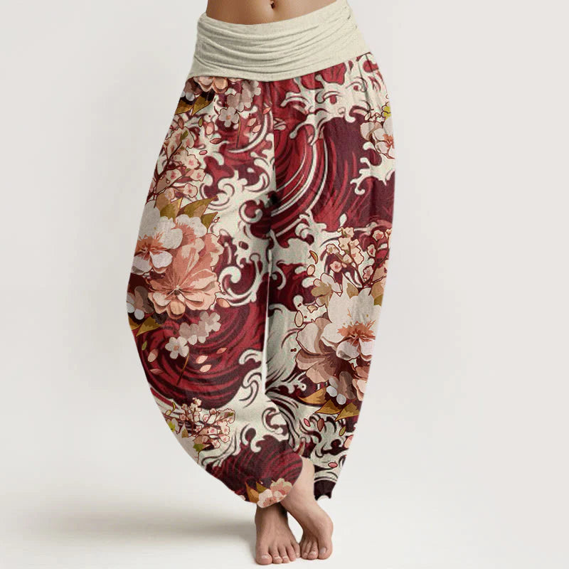 Buddha Stones Cotton Casual Wave And Floral Pattern Women's Elastic Waist Harem Pants