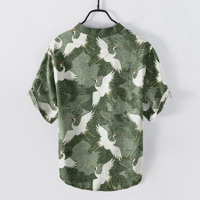 Buddha Stones Crane Short Sleeve Men's Shirt Resort Casual