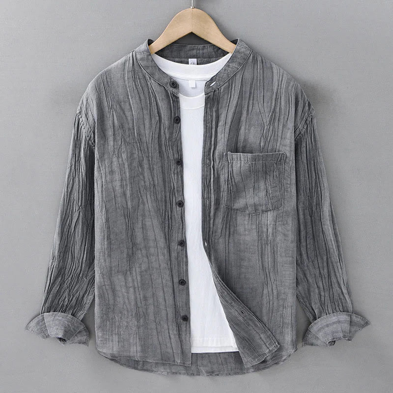 Buddha Stones Solid Long Sleeve Creases Design Buttons Down Ramie Linen Men's Shirts
