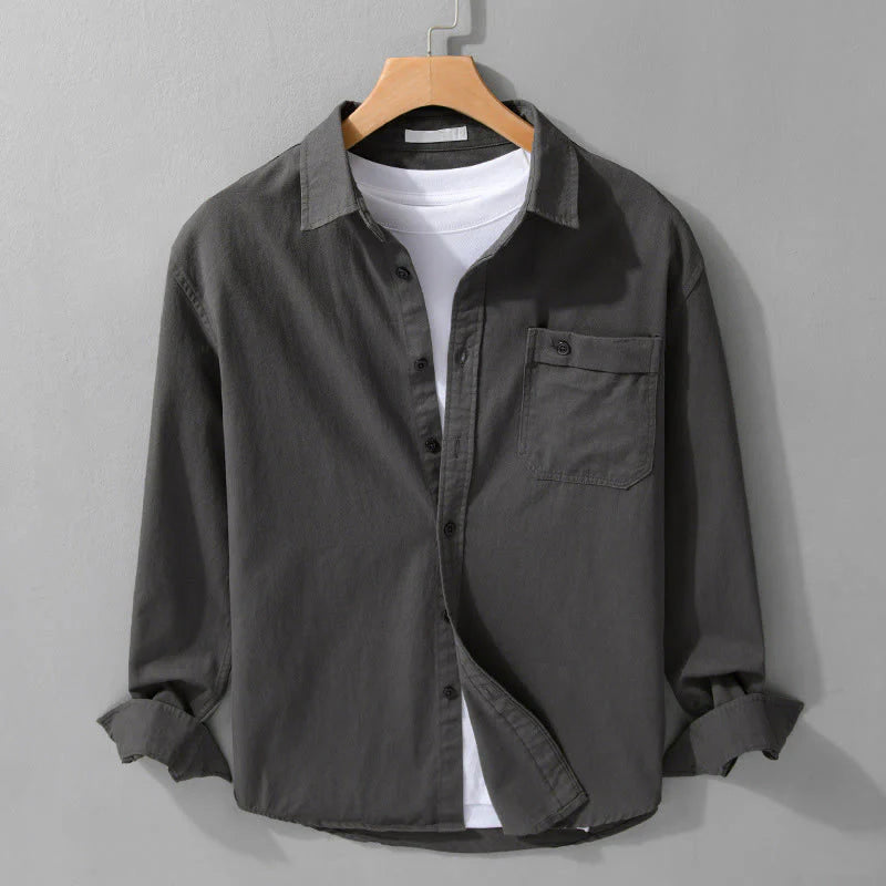 Buddha Stones Casual Solid Buttons Down Decorative Pocket Men's Stand Collar Long Sleeve Cotton Shirt