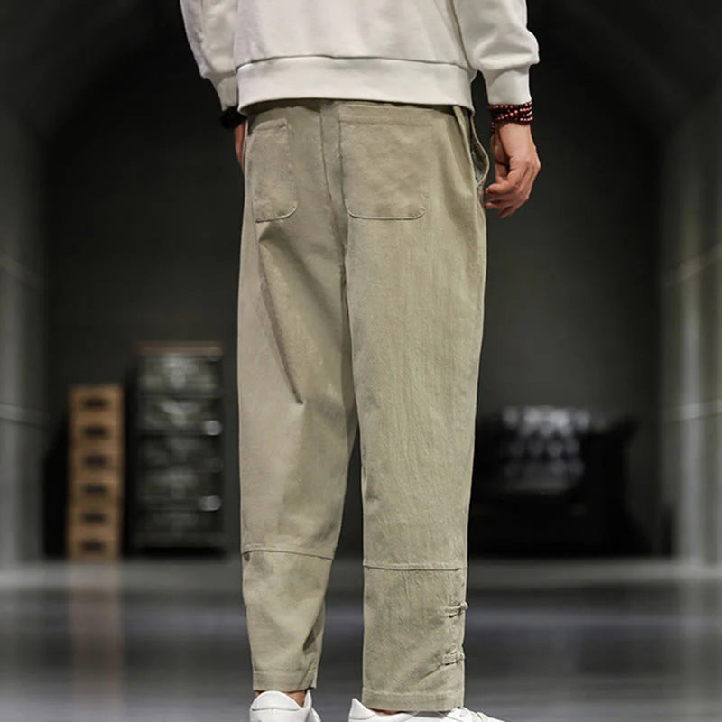 Buddha Stones Drawstring Elastic Waist Frog-Button Ankle-Length Men's Cotton Pants With Pockets