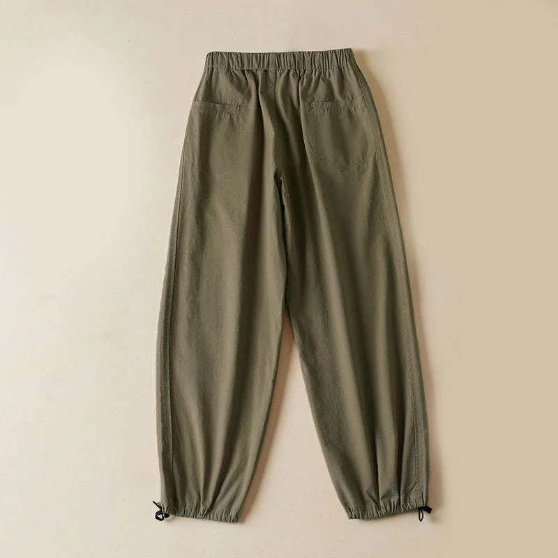 Buddha Stones Fall Drawstring 7-8 Length Cotton Women's Cargo Pants With Pockets