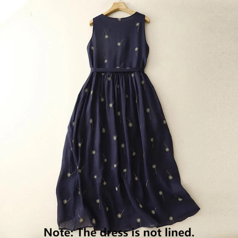 Buddha Stones MidnightBlue Printing Lace-Up Design Sleeveless Cotton Midi Dress With Pockets