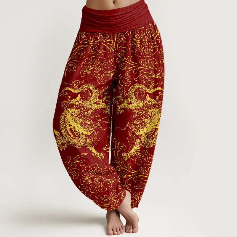 Buddha Stones Pure Cotton Dragon Floral Women's Elastic Waist Harem Pants