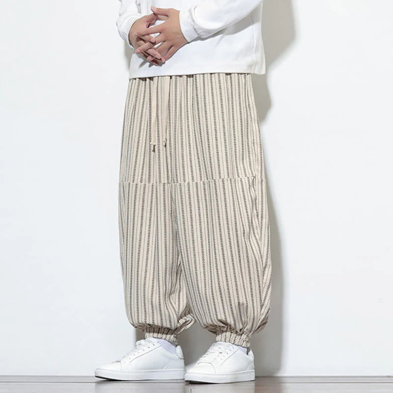 Buddha Stones Fall Striped Pattern Drawstring Men's Harem Corduroy Pants With Pockets