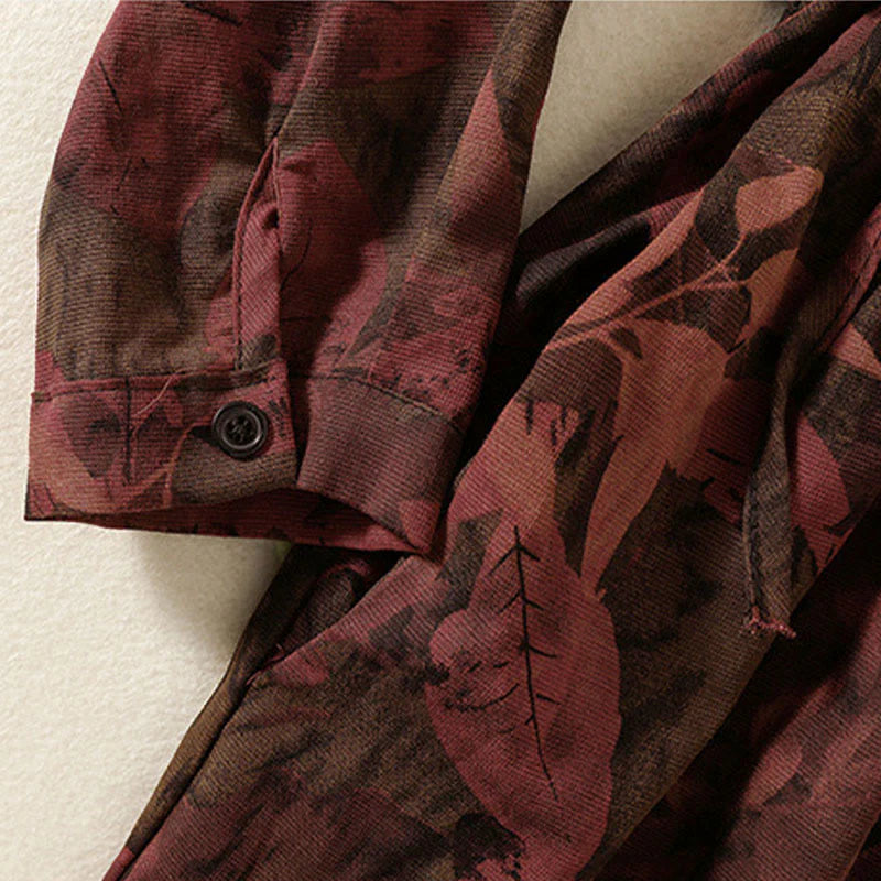 Buddha Stones Casual Flower Printed Pattern Buttons Design Long Sleeve Midi Dress With Pockets