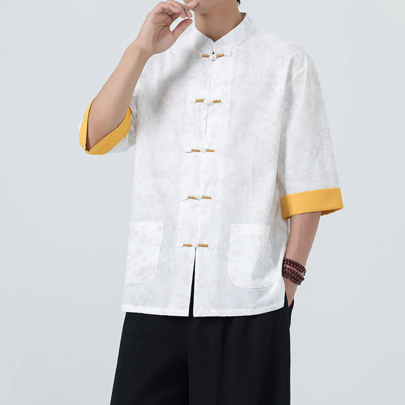 Buddha Stones Summer Peach Blossoms Pattern Chinese Frog-Button Cotton Linen Short Sleeve Men's Shirt
