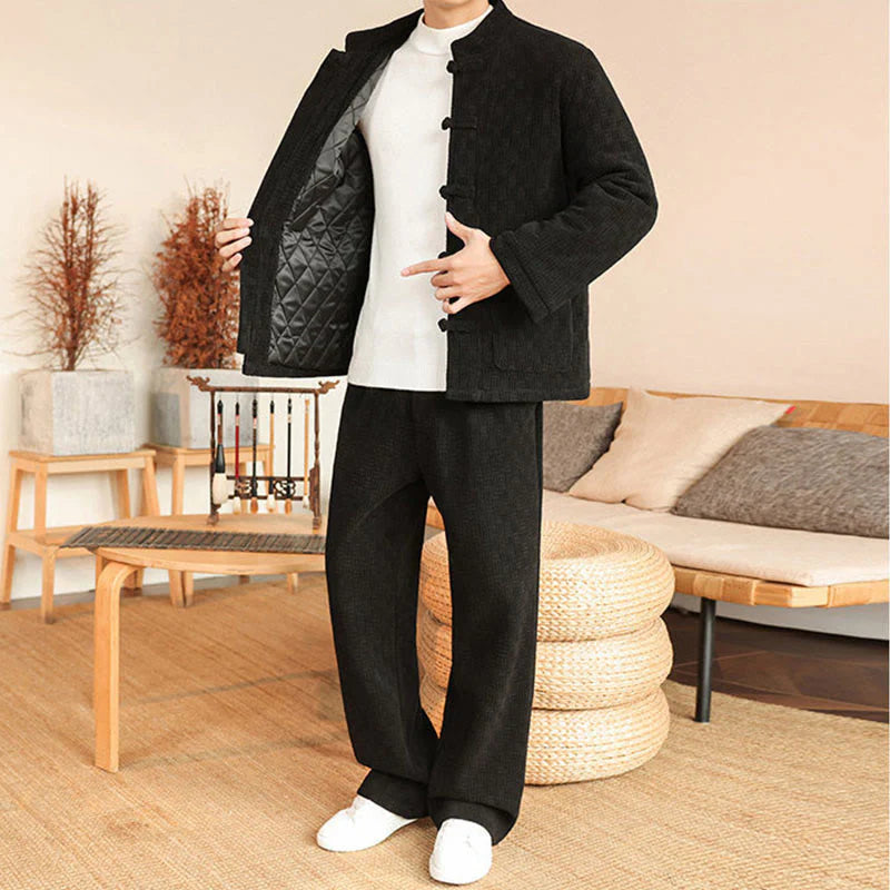 Buddha Stones 2Pcs Winter Solid Men's Tang Suit Frog-Button Cotton Long Sleeve Jacket Pants Set With Pockets