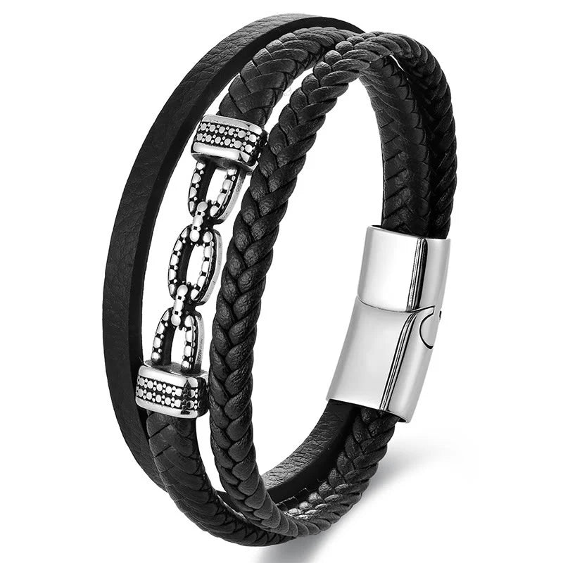 Buddha Stones Handmade Chain Link Design Titanium Steel Leather Strengthen Bracelet