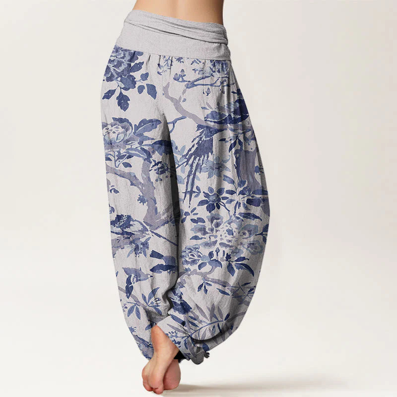 Buddha Stones Cotton Birds Branches Flowers Pattern Women's Elastic Waist Harem Pants