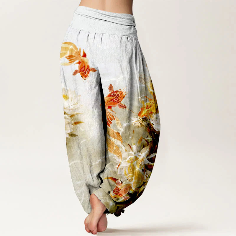 Buddha Stones Pure Cotton Light-Colored Koi Fish Lotus Flower Pattern Women's Elastic Waist Harem Pants