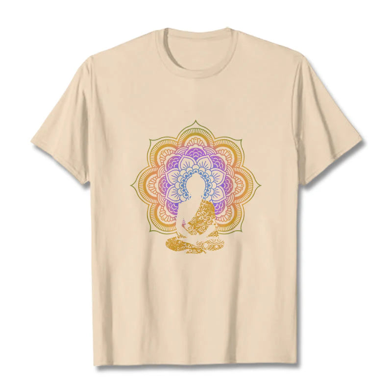 Buddha Stones Multicolor Mandala Flower Seated Buddha Pattern Tee T-shirt