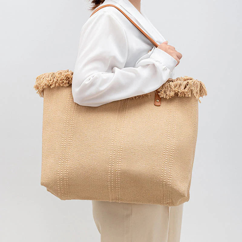 Buddha Stones Large Capacity Solid Color Tassel Canvas Tote Shoulder Bag