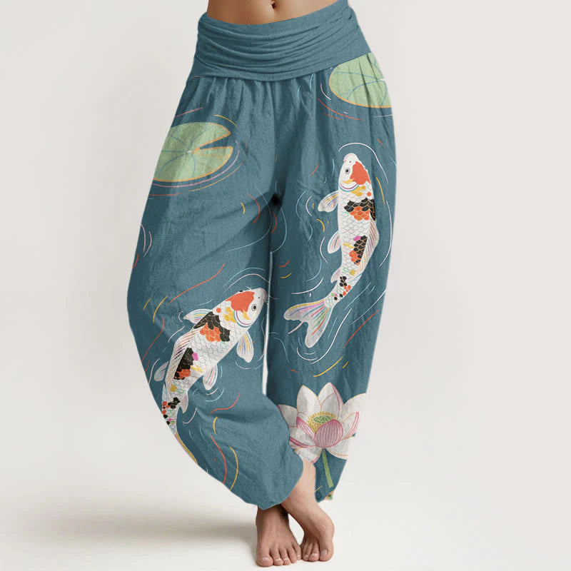 Buddha Stones Cotton Lotus Flower Lotus Leaves Koi Fish Water Ripples Pattern Women's Elastic Waist Harem Pants