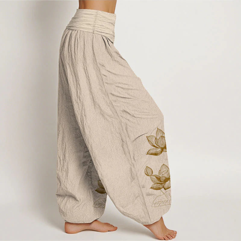 Buddha Stones Pure Cotton Line Drawing Lotus Flower Pattern Women's Elastic Waist Harem Pants