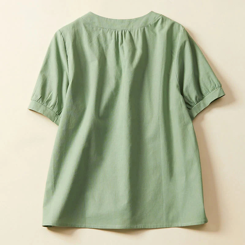 Buddha Stones Casual Plain Button Women's Short Sleeve Cotton Linen T-shirt