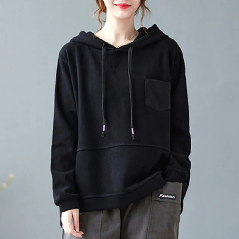 Buddha Stones Fall Solid Color Decorative Pocket Cotton Long Sleeve Women's Hoodie