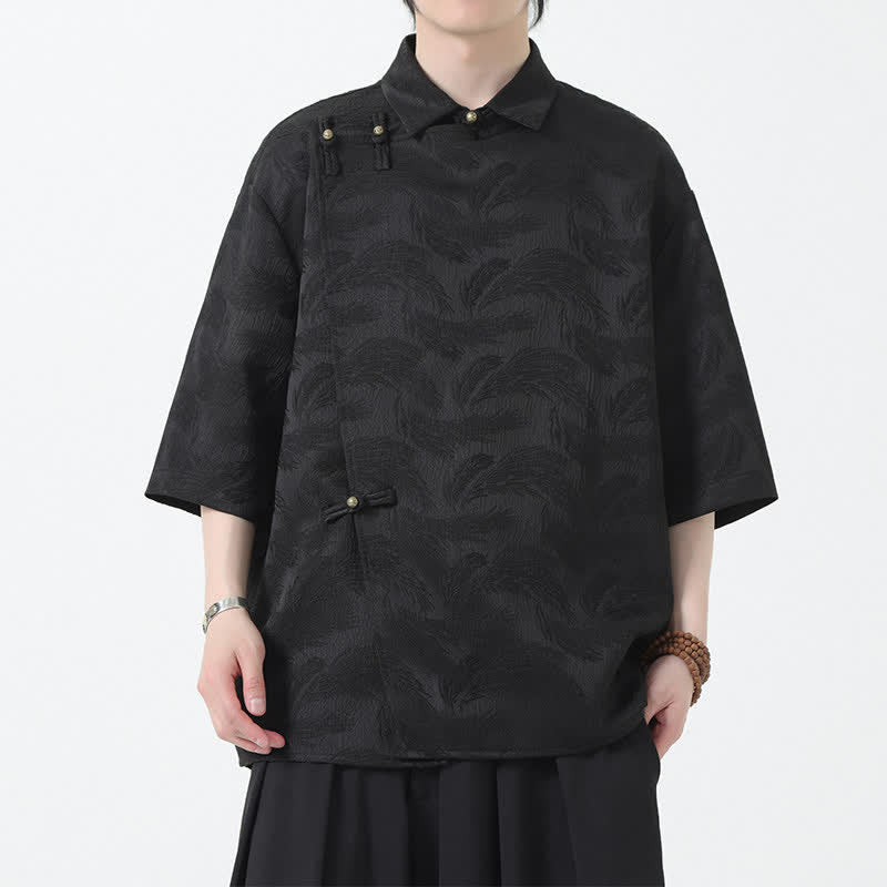 Buddha Stones Summer Mandarin Collar Textured Jacquard Men's Elbow Sleeve Shirt