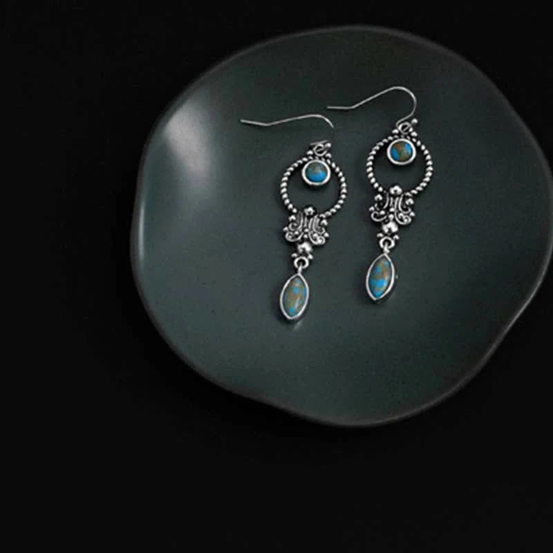 Buddha Stones 925 Sterling Silver Vintage Turquoise Waterdrop Pattern Balance Drop Dangle Earrings