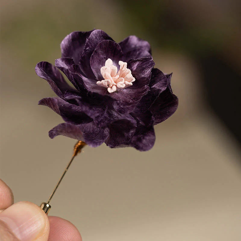 Buddha Stones Handcrafted Silk Art Purple Peony Flower Good Fortune Brooch