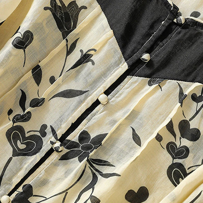 Buddha Stones Printing Floral Buttons Color Contrast Half Sleeve Women's Shirt