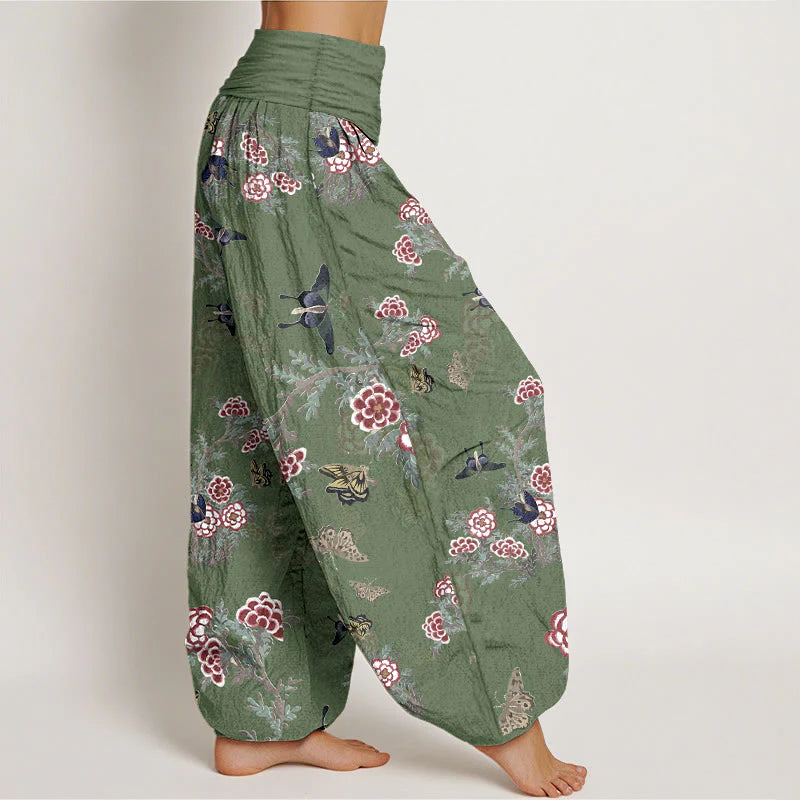 Buddha Stones Cotton Flowers Leaves Butterfly Pattern Women's Elastic Waist Harem Pants