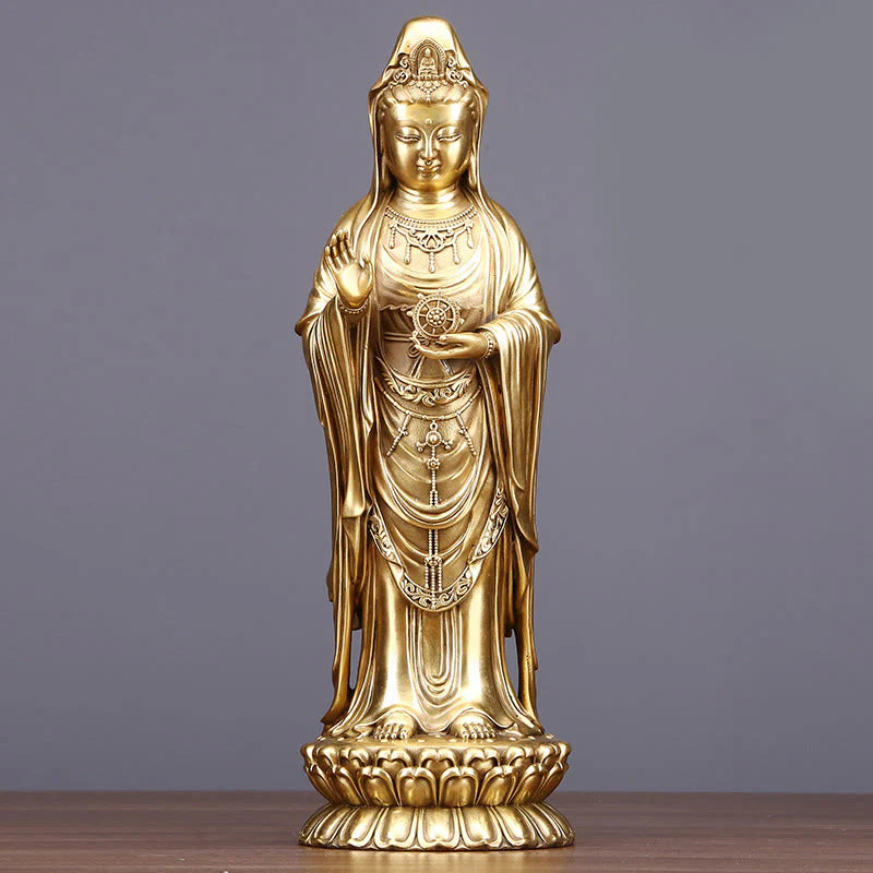 Buddha Stones Kwan Yin Avalokitesvara Holding The Dharma Wheel Wealth Brass Copper Statue Decoration
