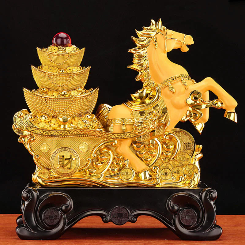 Buddha Stones  Good Fortune Year of the Horse Treasure Bowl Ingots Wealth Resin Home Decoration