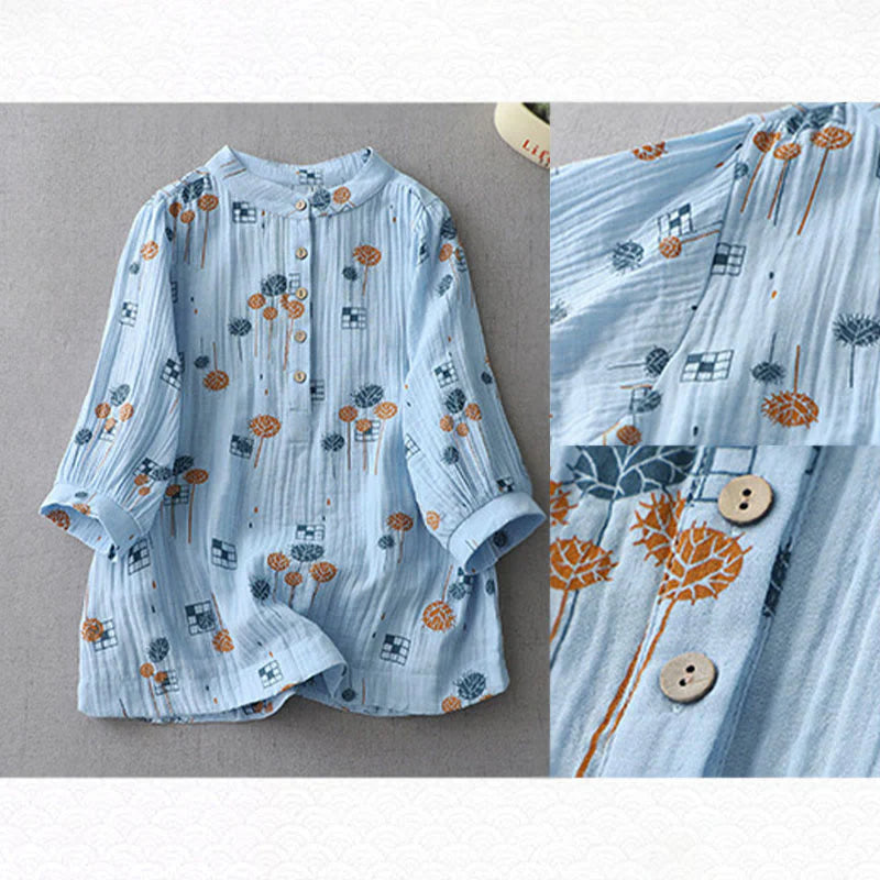 Buddha Stones Printed Half Button DesignThree Quarter Gathered Sleeve Women's Cotton Shirt
