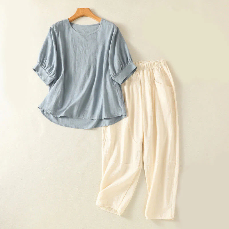 Buddha Stones 2pcs Plain Women's Short Sleeve Shirt Harem Pants Meditation Clothing Set