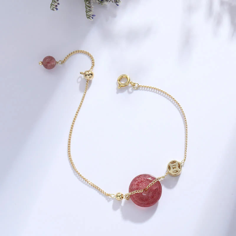 Buddha Stones Strawberry Quartz Peace Buckle Coin Love Bracelet