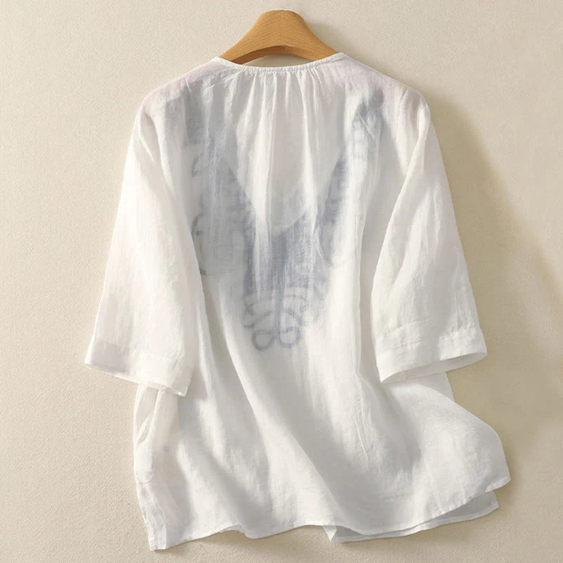 Buddha Stones Embroidered V-neck Casual Women's Cotton Linen Half Sleeve T-shirt