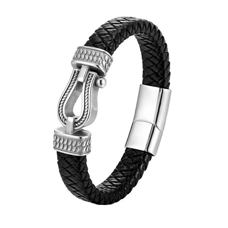 Buddha Stones Leather horseshoe-Shaped Titanium Steel Balance Braided Magnetic Buckle Bracelet